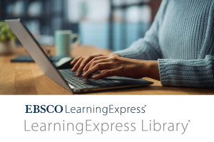 Ebsco Learning Express Library text with photo of hands typing on computer keyboard