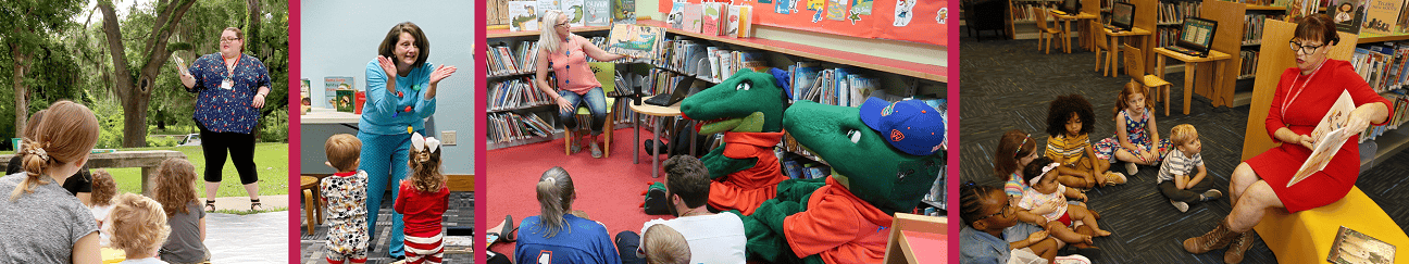 several photos of library staff leading children in story time programs
