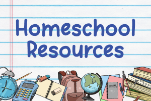 Homeschool Resources illustration of supplies, including a clock, calculator, notebook, backpack, globe, and books