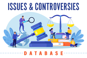 Issues & Controversies database by Infobase text with illustration of gavel, scales and people
