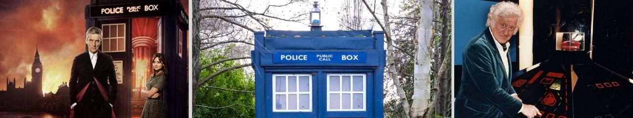 Peter Capaldi as Doctor Who in front of the TARDIS, the TARDIS, George Pertwee standing in front of the console inside the TARDIS