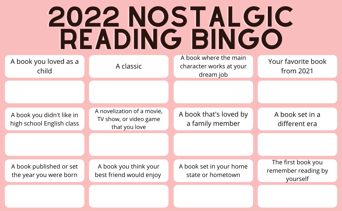 A printable image version of the 2022 Nostalgic Reading Bingo listed above. The background is yellow and there is a space below each entry to write in the title that fulfills that entry. 