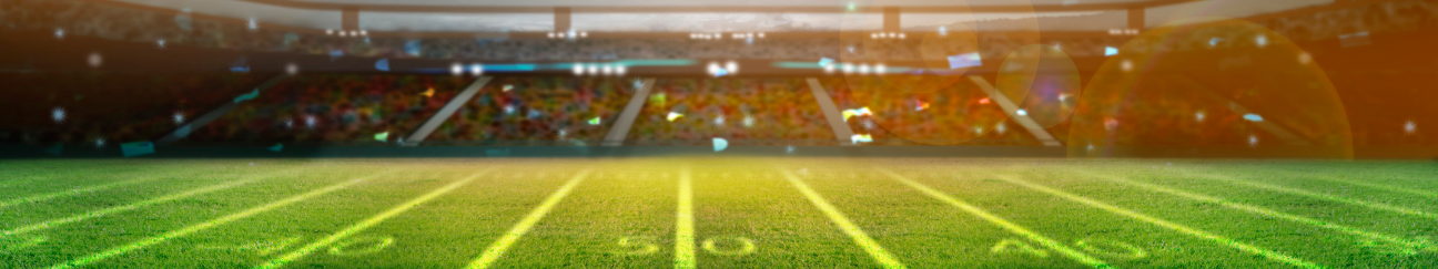 A long thin banner. It is a photo of a football field in warm golden light. The stands are visible behind the field and in the foreground is a lens flare from the sun.