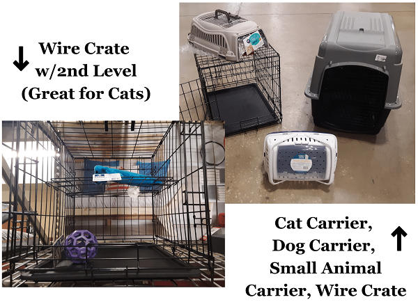 wire crate with second level (great for cats) and cat, dog, and small animal carriers