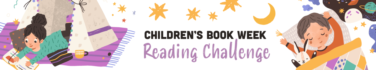 text illustration of Children's Book Week Reading Challenge with children reading