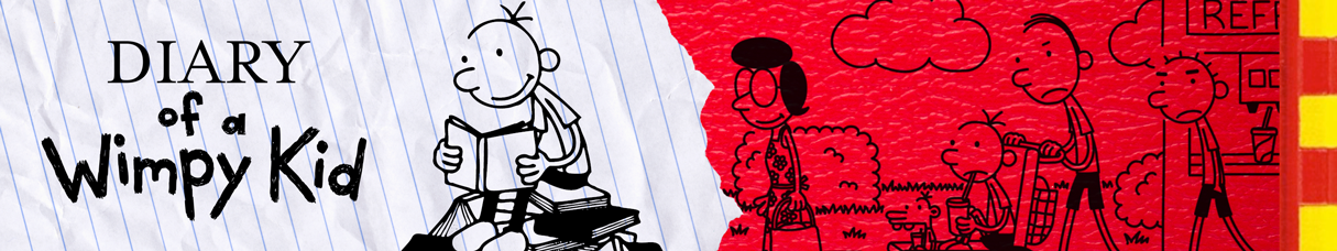 Diary of a Wimpy Kid text illustration with character reading a book