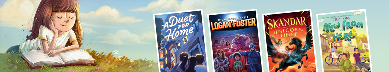 illustration of child reading a book on the grass outside with book covers for A Duet for Home, Logan Foster, Skandar Unicorn Thief, and New From Here