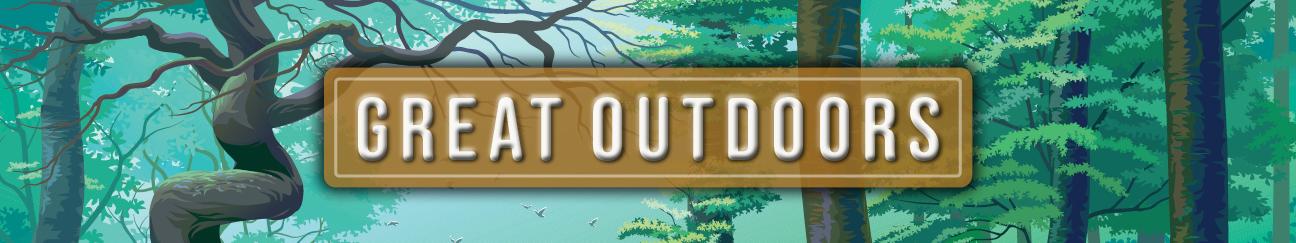 Great Outdoors text illustration with a forest background