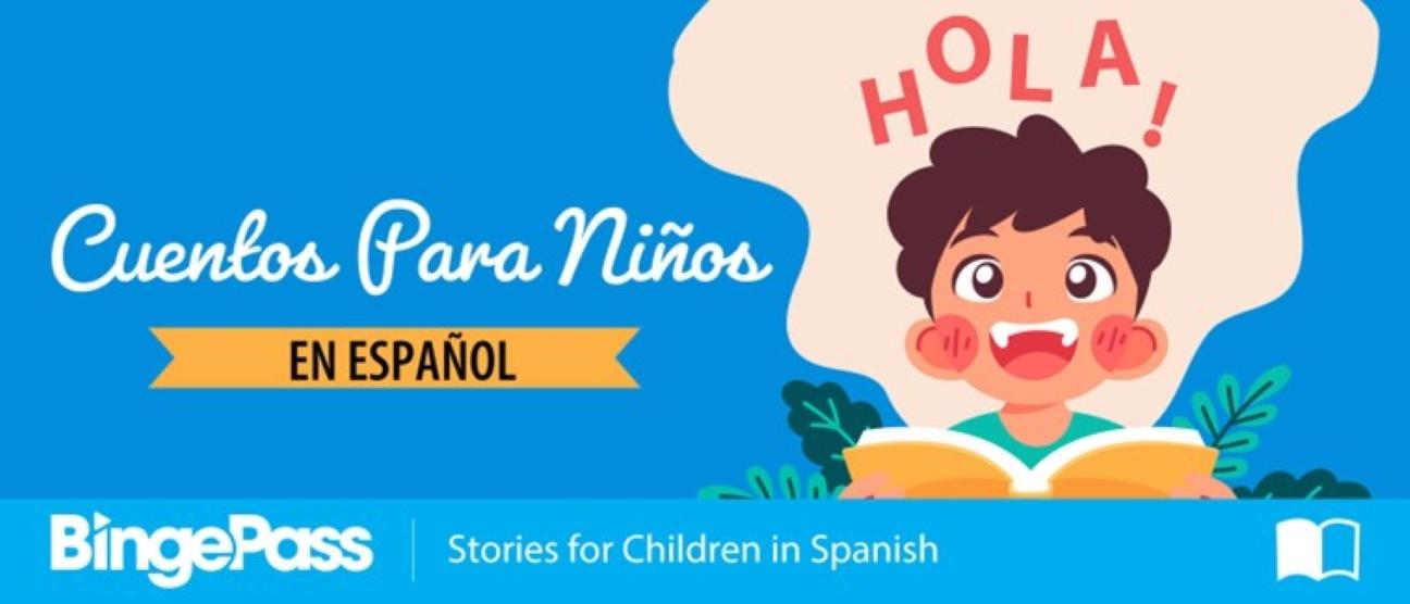 blue background, child reading in Spanish