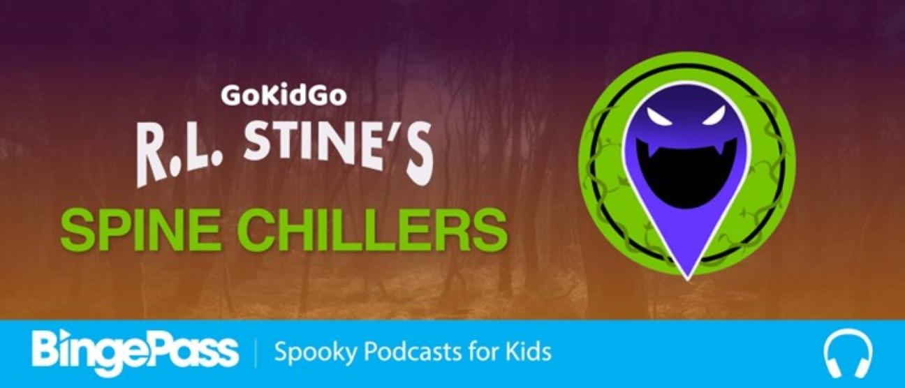 brown background with purple monster text - "GoKidGo R.L. Stine's Spine Chillers"