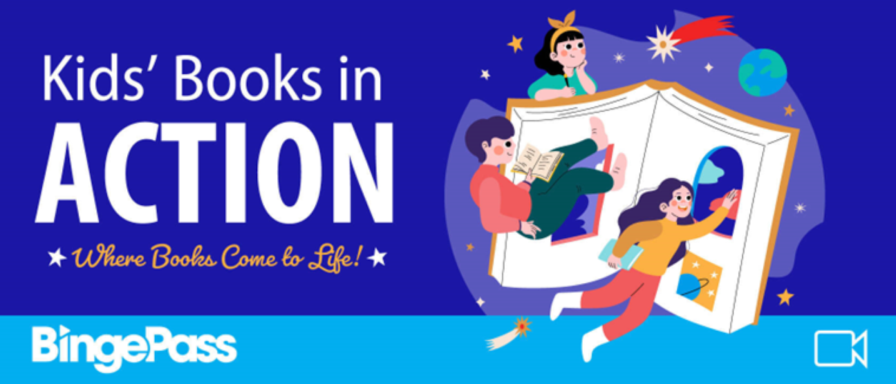 blue background, cartoon children and book, white text - "Kids' Books in Action"