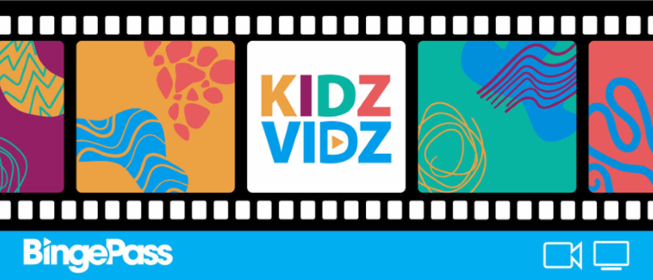 multicolor cartoon film strip, text - "Kidz Vidz"