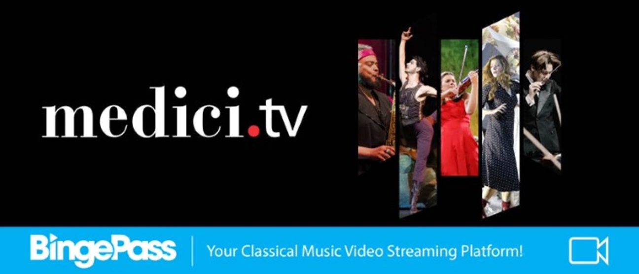 black background with pictures of musicians, white text - "medici.tv"