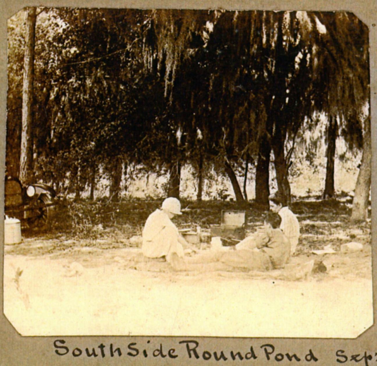 people picnicking on south side of Round Pond in 1924