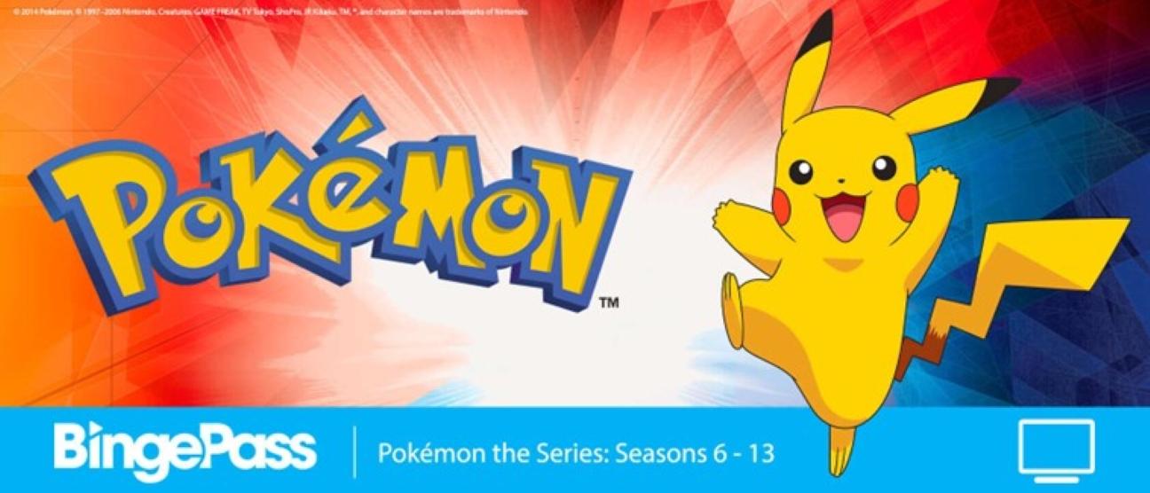 orange, red, blue background, with Pikachu, yellow text - "Pokemon"