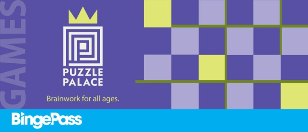 purple and yellow background, maze and checkerboard, text - "Puzzle Palace"