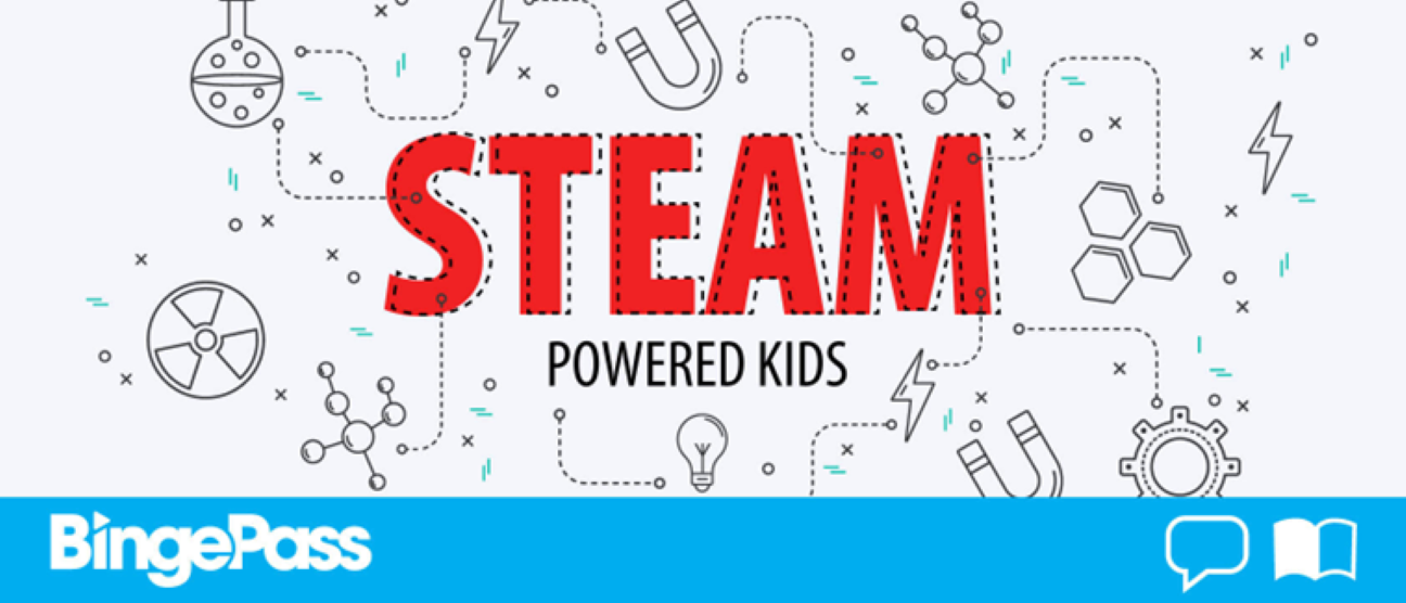 white background with black science objects, red and black text - "Steam Powered Kids"