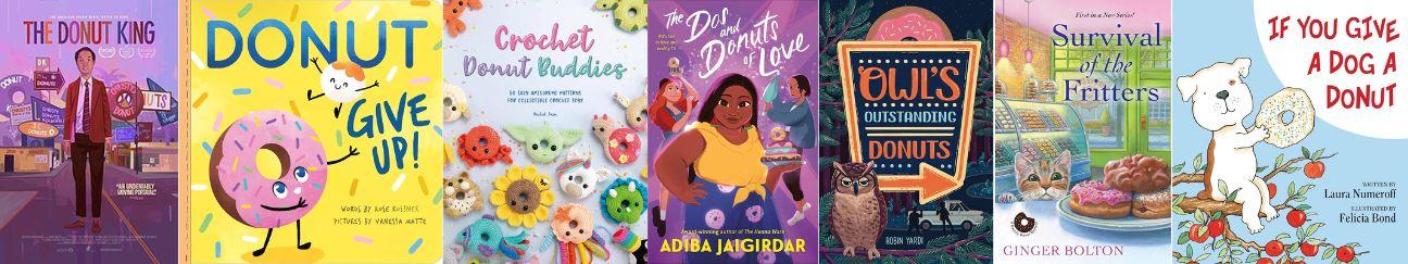 Banner showing some of the covers of items on the National Donut Day Booklist. The banner acts as a link to the booklist.