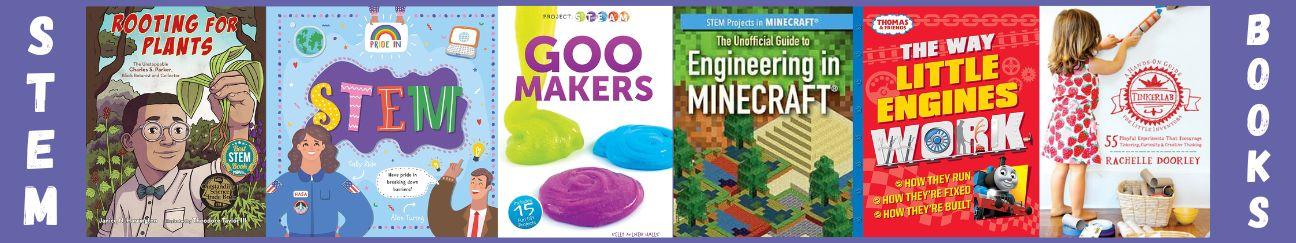 banner for national stem day booklist, featuring covers from books on the booklist.