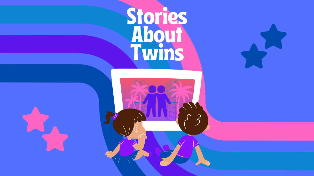 Banner showing tow children looking at a screen where two figures are hugging with the text Stories About Twins