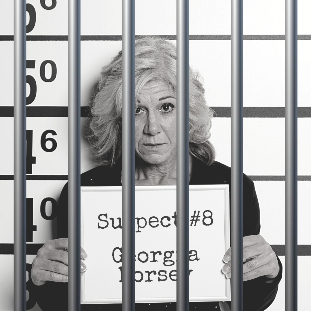 Black and white mugshot of an older woman holding a board that says "Suspect #8: Georgia Dorsey." There are bars over the photo.