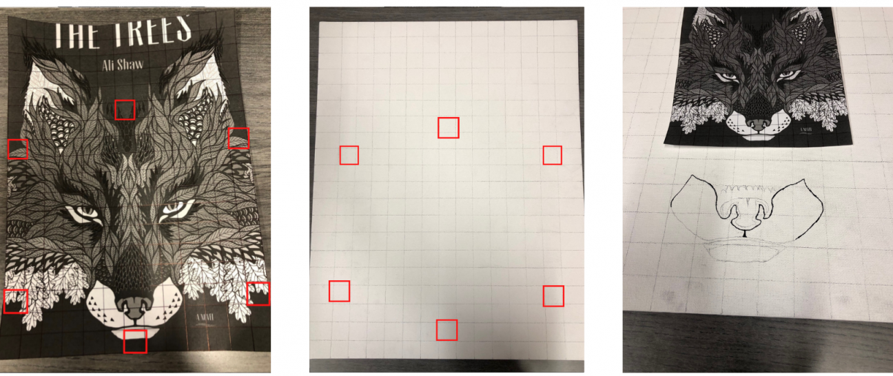 Get to work three images in a row. The first shows a black and white copy of The Trees by Ali Shaw with six red squares on it. The second shows a surface with a grid with six red squares on it. The third image shows the same surface with part of the cover of The Tress by Ali Shaw drawn on it.