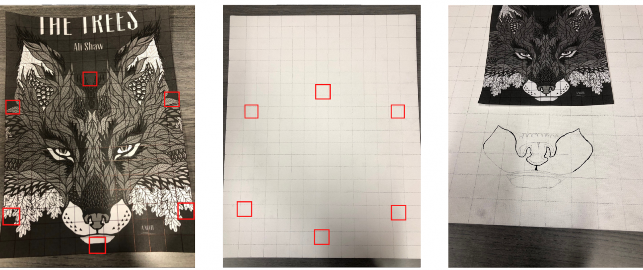 three images in a row. The first shows a black and white copy of The Trees by Ali Shaw with six red squares on it. The second shows a surface with a grid with six red squares on it. The third image shows the same surface with part of the cover of The Tress by Ali Shaw drawn on it.