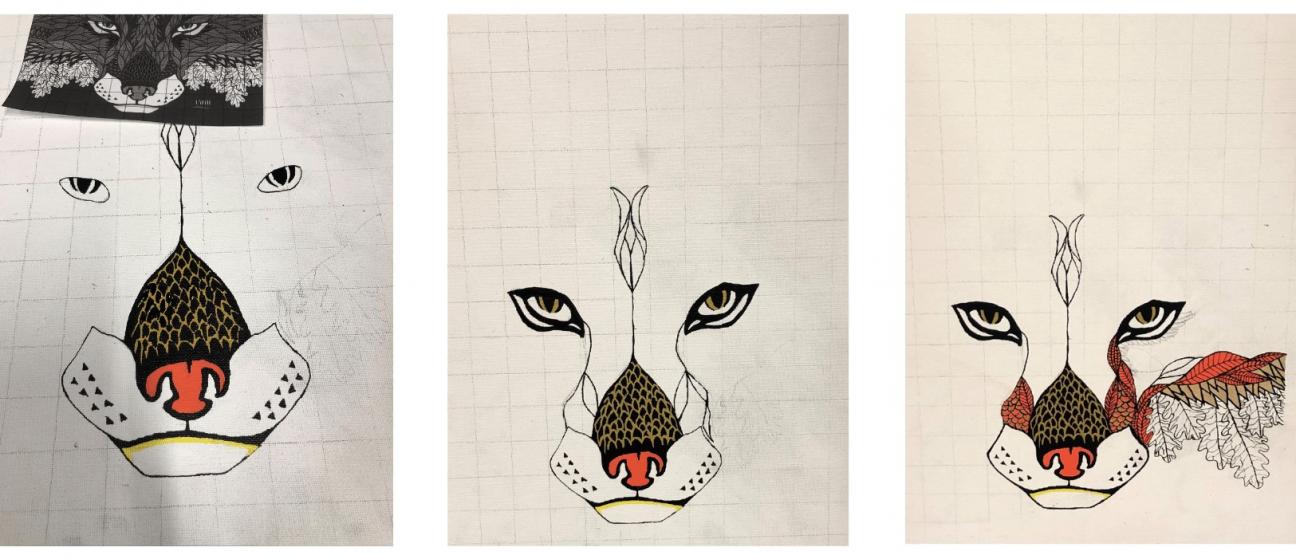 Progress shots Three in progress shots of a drawing of a fox