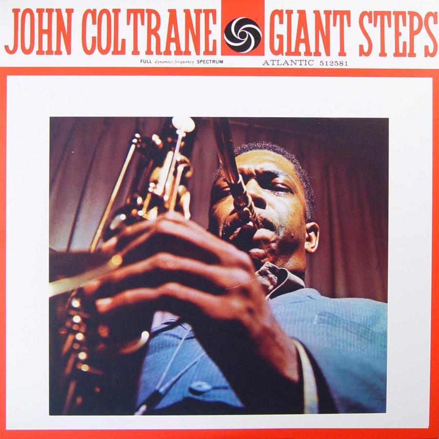 The cover of "Giant Steps" by John Coltrane, which has his name and the album title at the top in red, above a low-angled, color photo of Coltrane playing the saxophone.