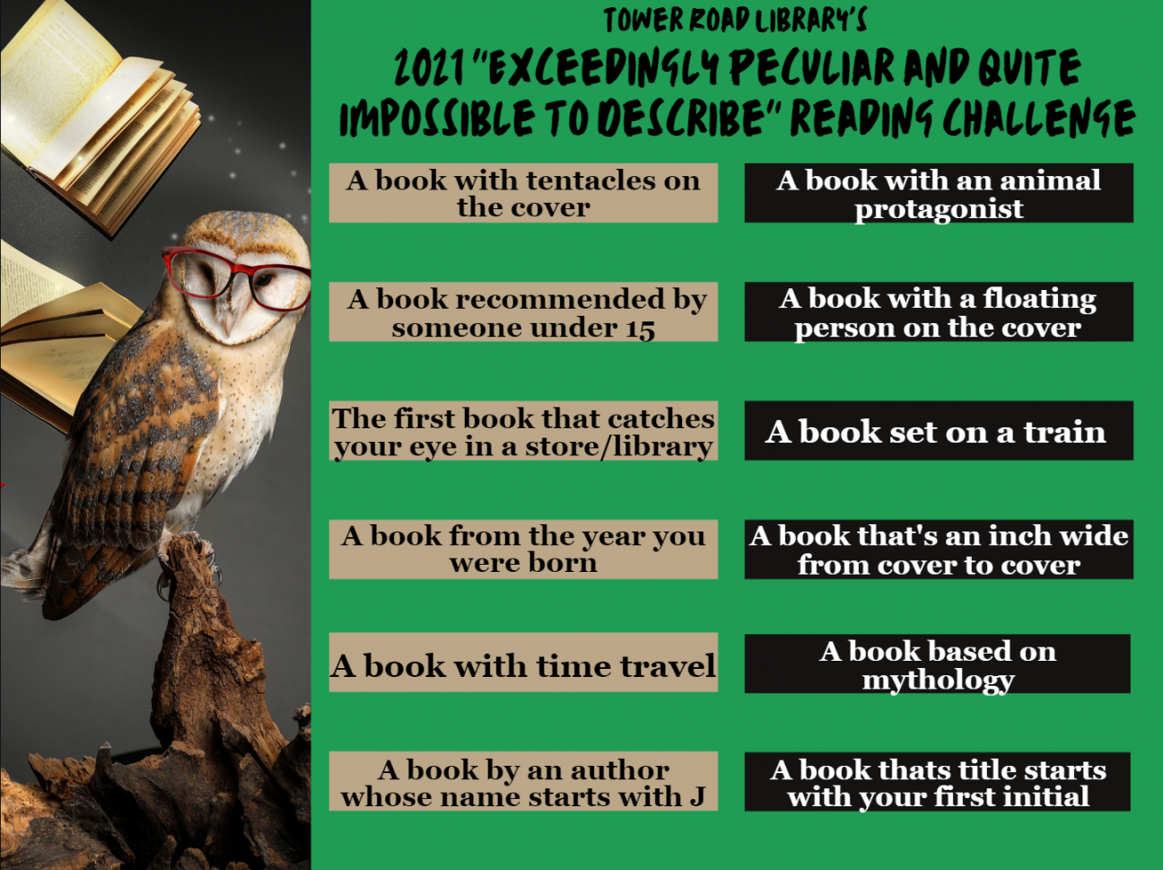 Exceedingly Peculiar and Quite Impossible to Describe Reading Challenge Tower Road Library's 2021 Exceedingly Peculiar Reading Challenge printable sheet