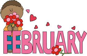 Cartoon boy holding flowers standing behing the word "February"