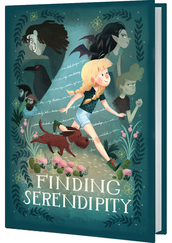 Finding Serendipity cover blonde girl with her dog, nefarious looking people behind her