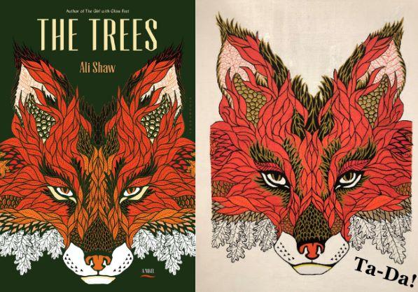 Two images of a drawn fox face side by side. One is on the cover of a book. The other is hand painted on canvas.