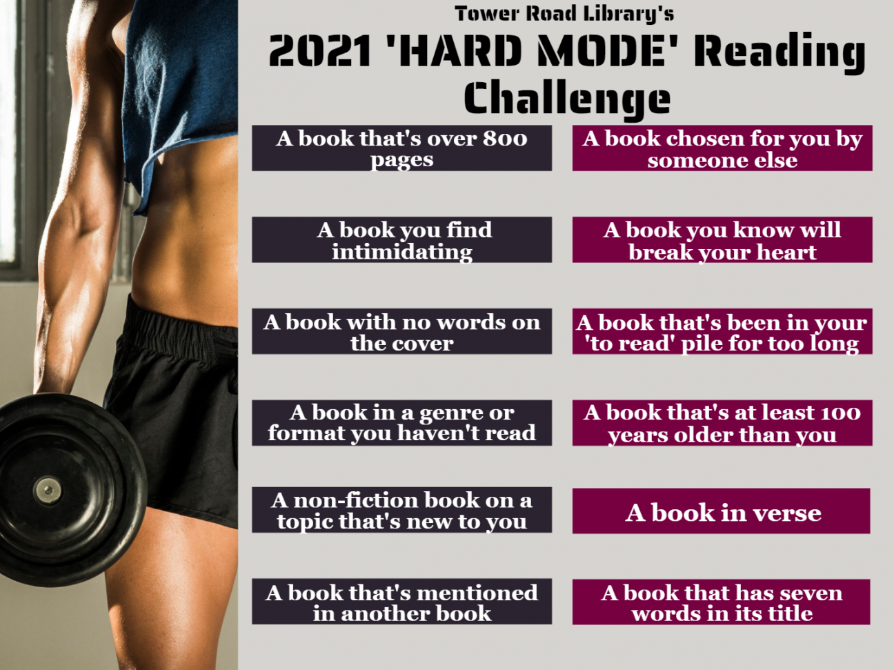 Tower Road Library's 2021 'Hard Mode' Reading Challenge printable sheet