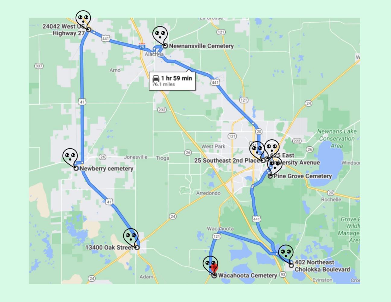 Driving map with haunted locations marked with a ghost