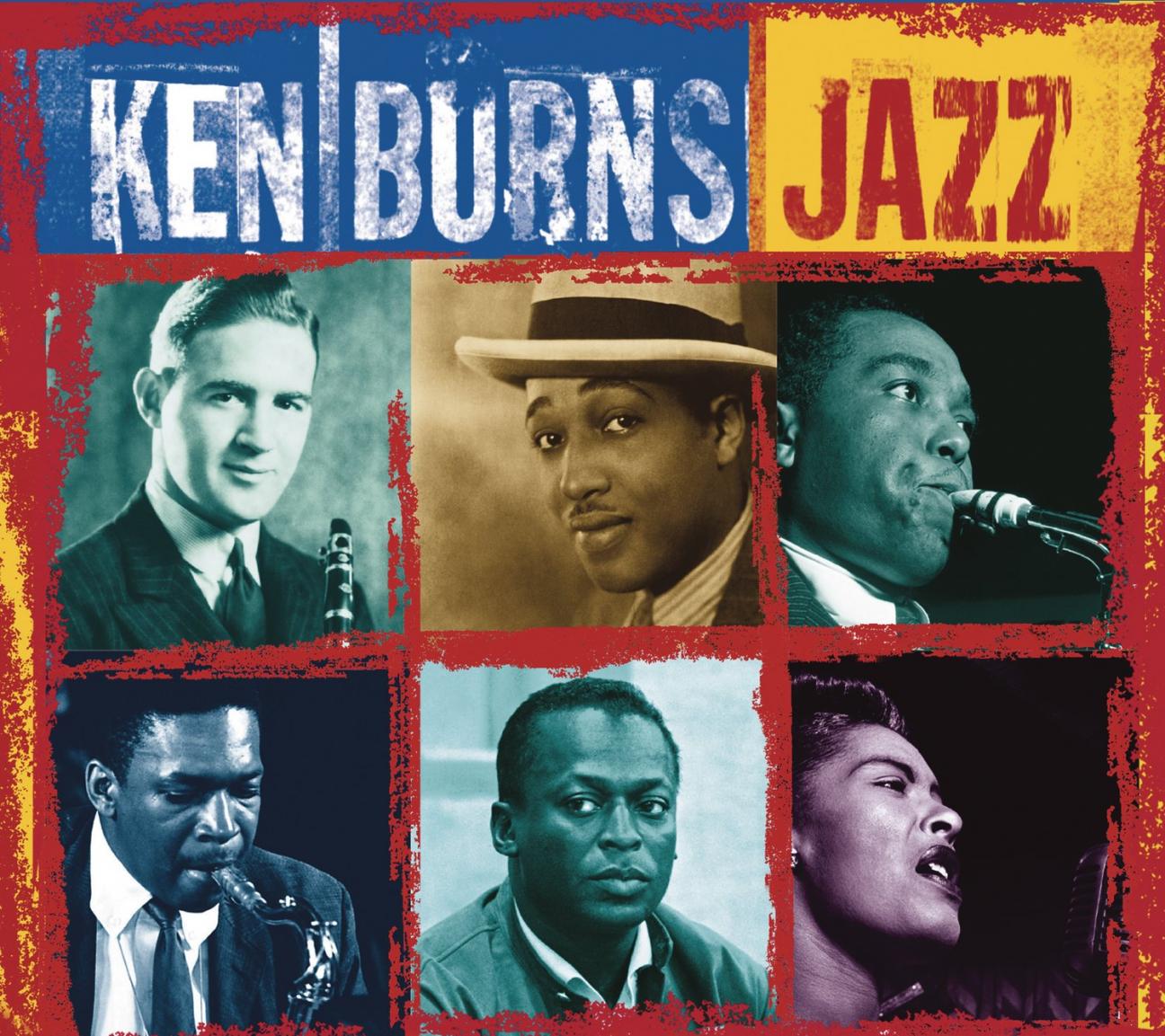 The cover of "Ken Burns Jazz" CD. The title is at the top, beneath are 6 photos of jazz artists: Benny Goodman, Duke Ellington, Charlie Parker, John Coltrane, Miles Davis, and Billie Holiday.