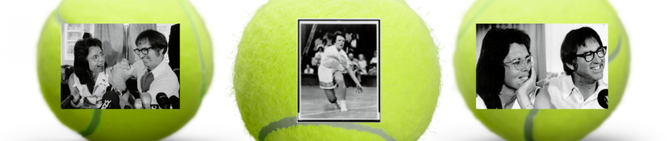 a photo of Billie Jean King from the Library of Congress, two photos of Billie Jean King and Bobby Riggs from the AP, tennis balls in the background