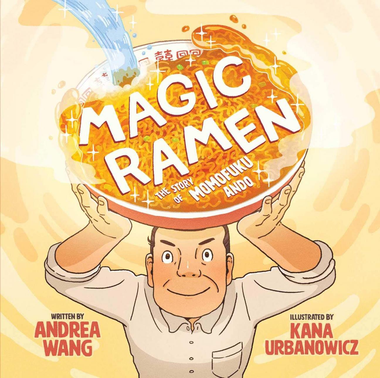 man with gigantic bowl of ramen above his head 