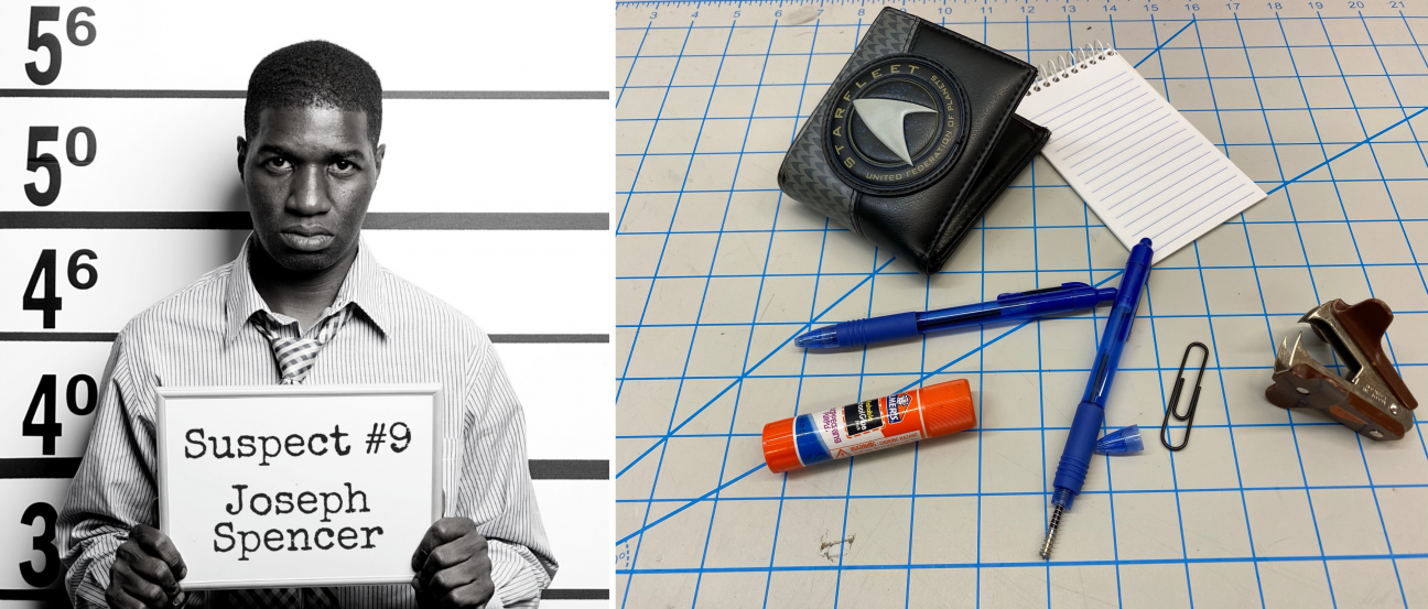 A photo of Joseph Spencer, next to the contents of his pockets at the time of the murder. Items include a Star Trek wallet, two blue pens, a staple remover, a small notebook, a black paperclip, and a gluestick. One of the pens is broken.