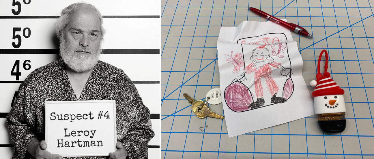 A photo of Leroy Hartman, next to the contents of his pockets at the time of the murder. Items include a set of keys, a pen, hand sanitizer in a snowman holder, and a crumpled drawing of a socking with santa on it.