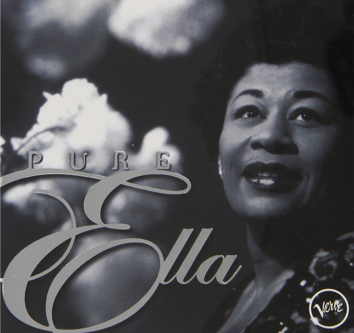 The cover of the album "Pure Ella" by Ella Fitzgerald, which features a black and white bust photo of Ella Fitzgerald on the right and the title on the left