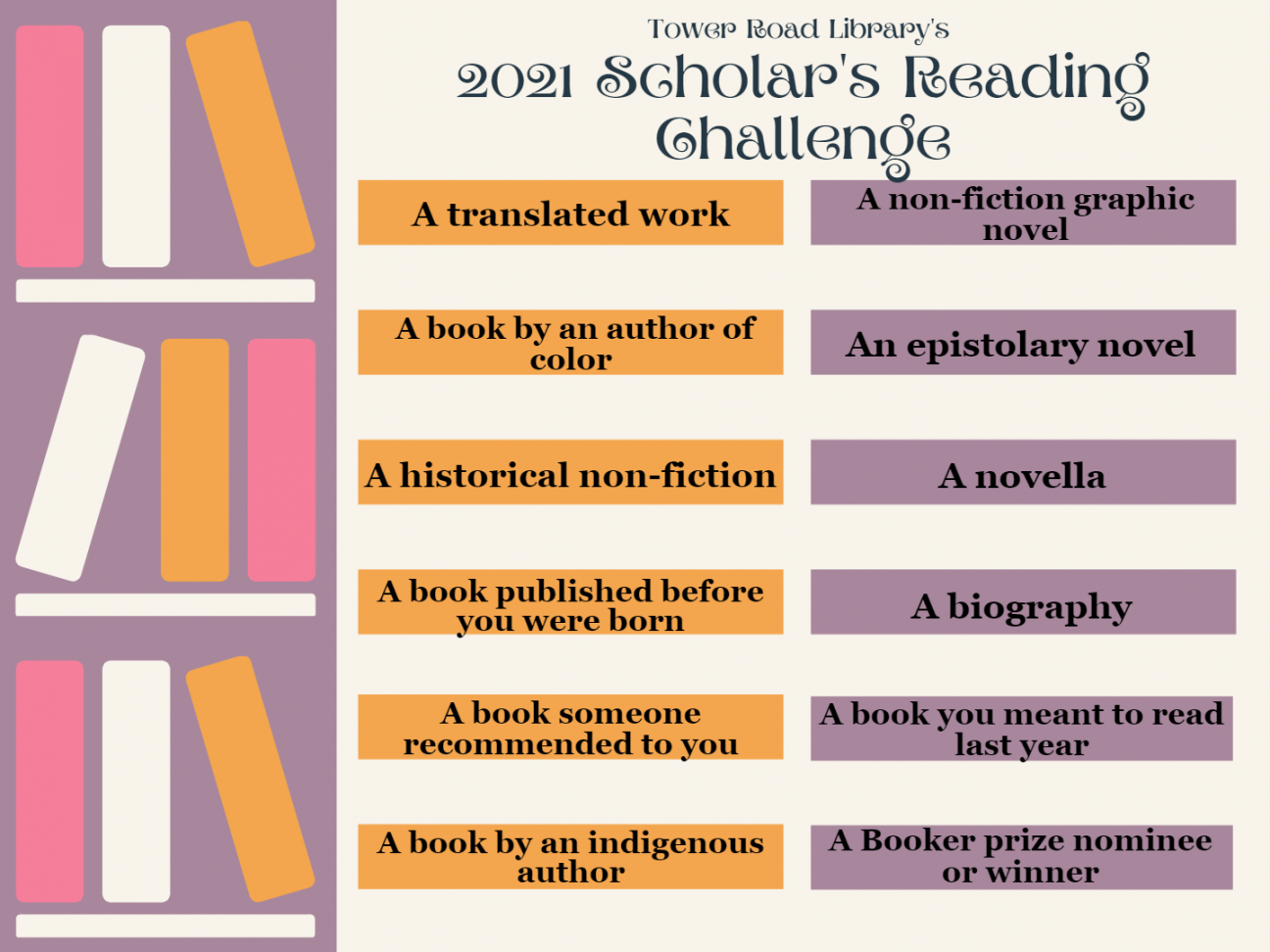 Tower Road Library's 2021 Scholar's Reading Challenge printable sheet