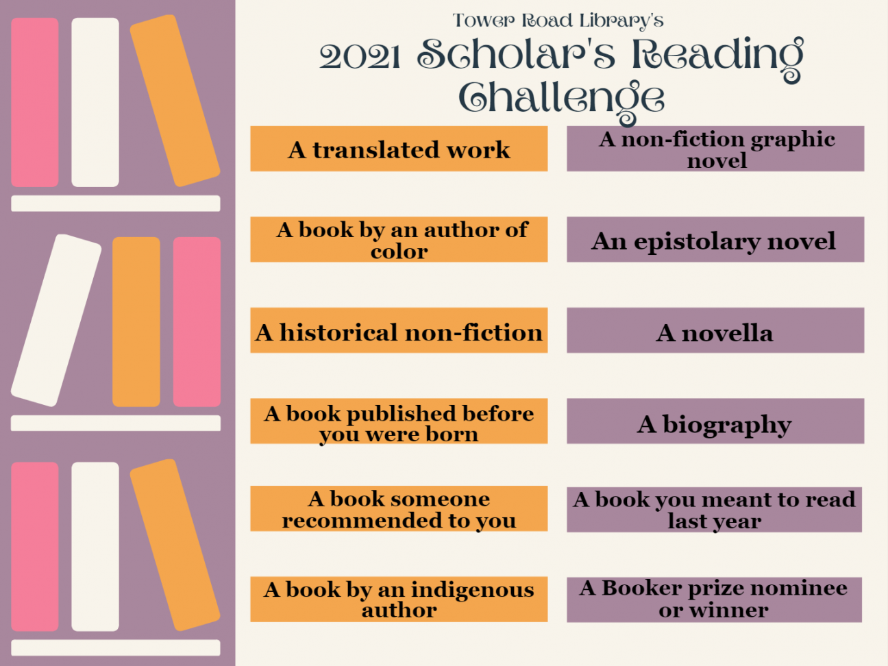 Scholar's Reading Challenge Tower Road Library's 2021 Scholar's Reading Challenge printable sheet