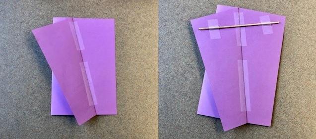 Photo of a paper kite that has been taped to secure the shape, and a photo of the same kite but with a wooden skewer added to stabilize the kite.