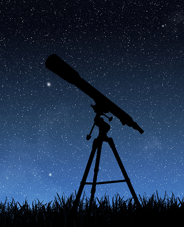 A night sky in the background, with a silhouetted telescope at the fore.