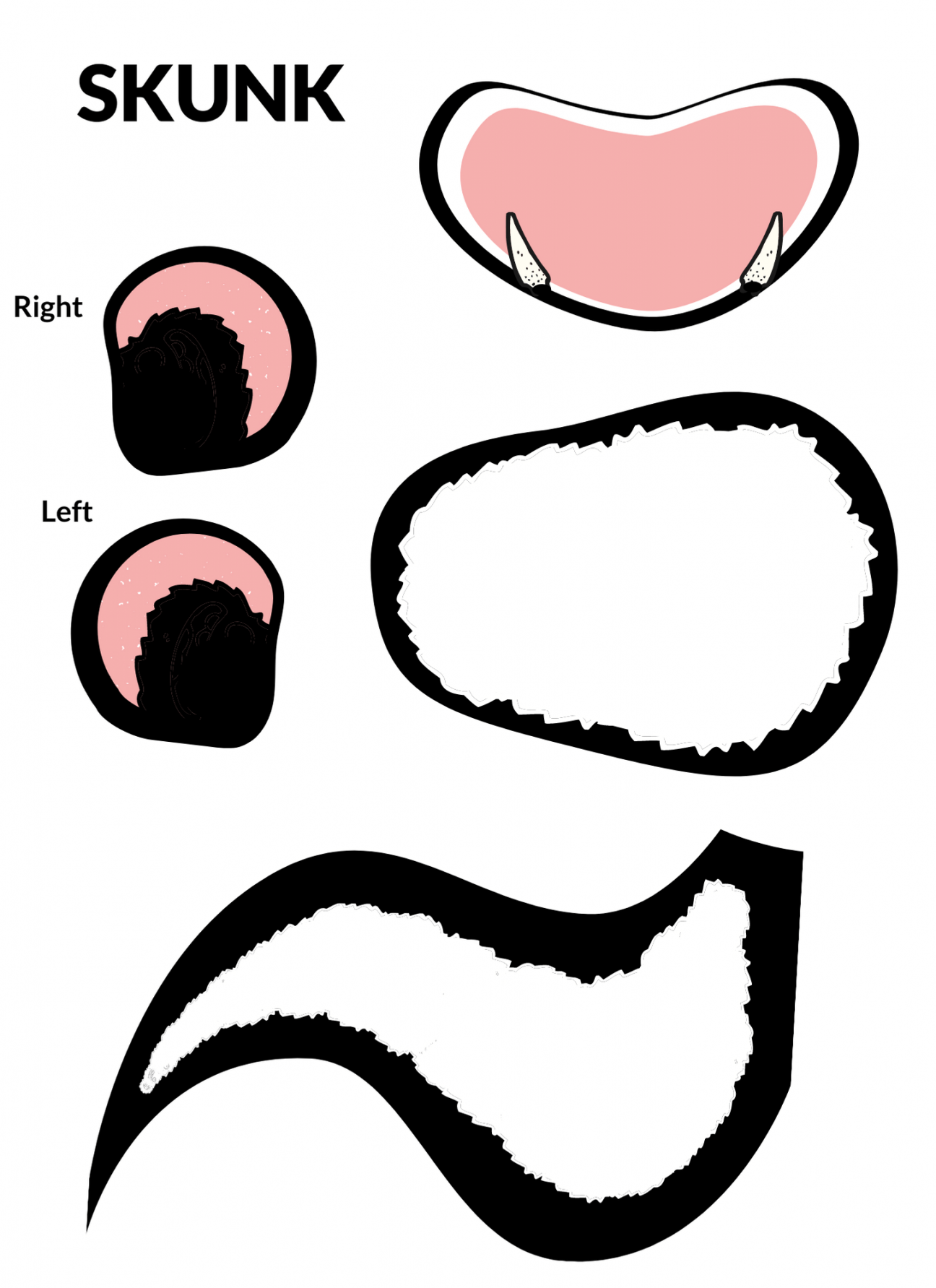 Skunk puppet template, page 2: a mouth, tummy, tail and two ears
