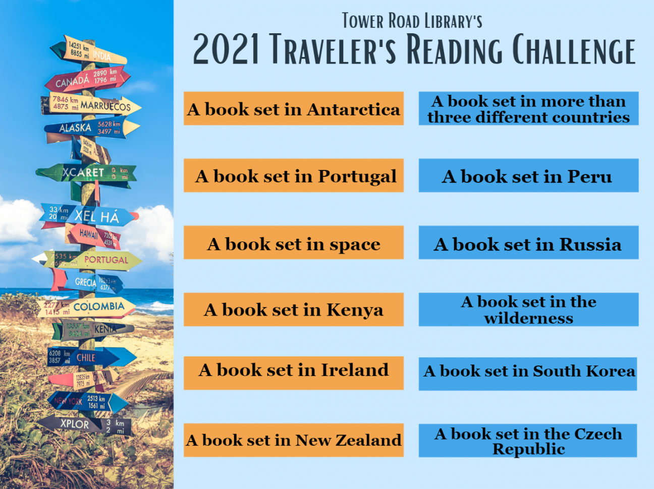 Tower Road Library's 2021 Traveler's Reading Challenge printable sheet