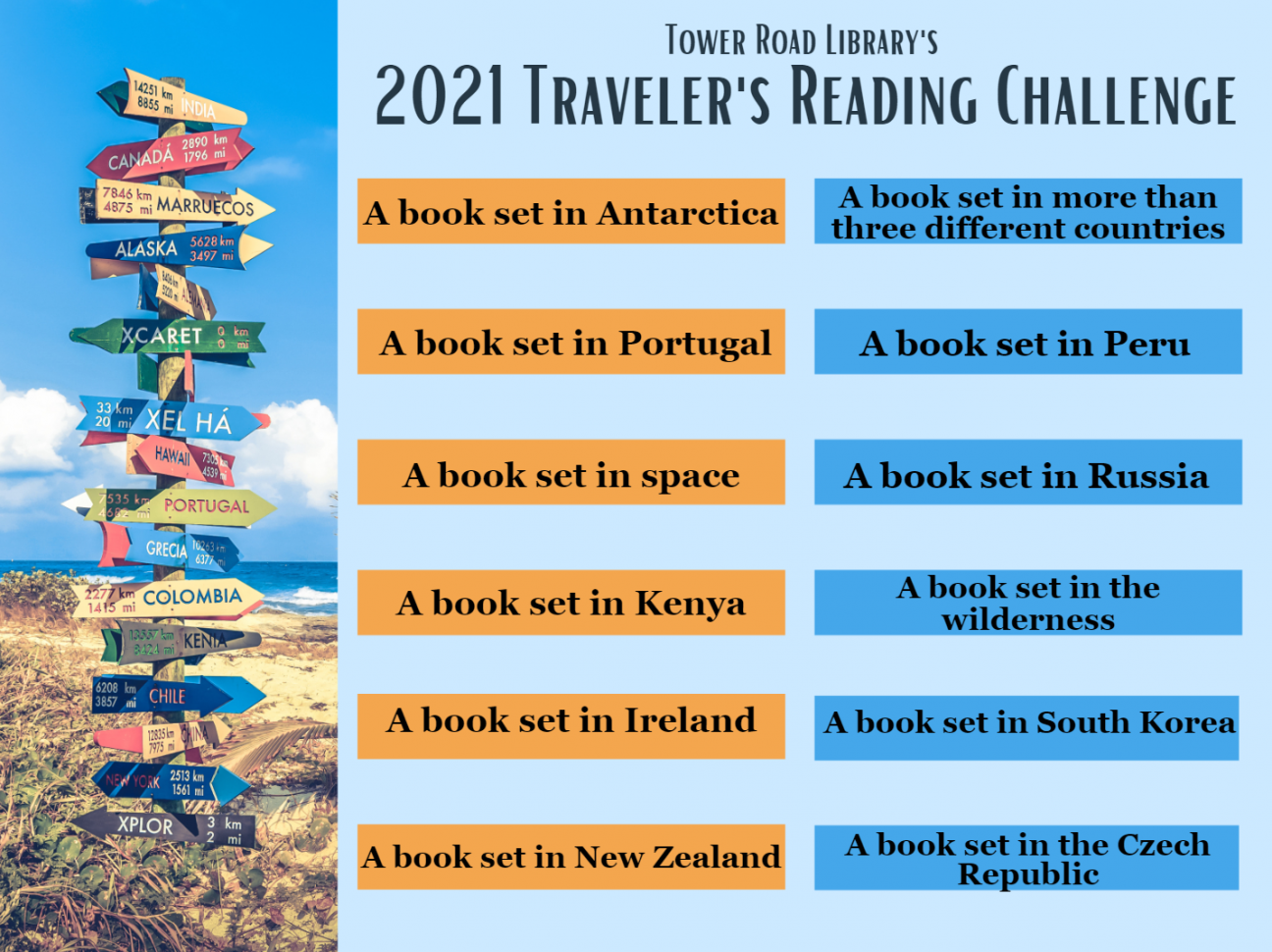 Traveler's Reading Challenge Tower Road Library's 2021 Traveler's Reading Challenge printable sheet