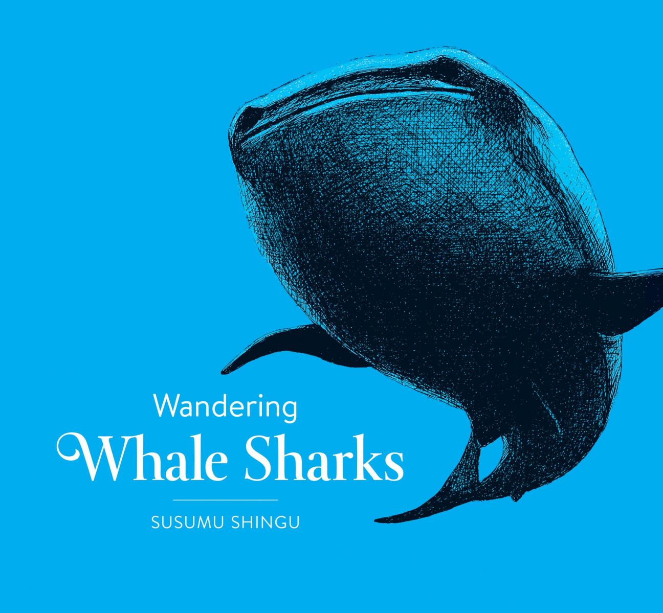 The cover of "Wandering Whale Sharks" by Susumu Shingū, which has a cerulean background and a black sketch of a whale shark as viewed from below.