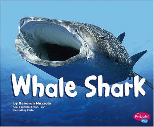 The cover of "Whale Shark" by Deborah Nuzzolo, which has a close-up photo of a whale shark with its mouth open swimming toward the camera. The title is in large white letters at the bottom of the photo.